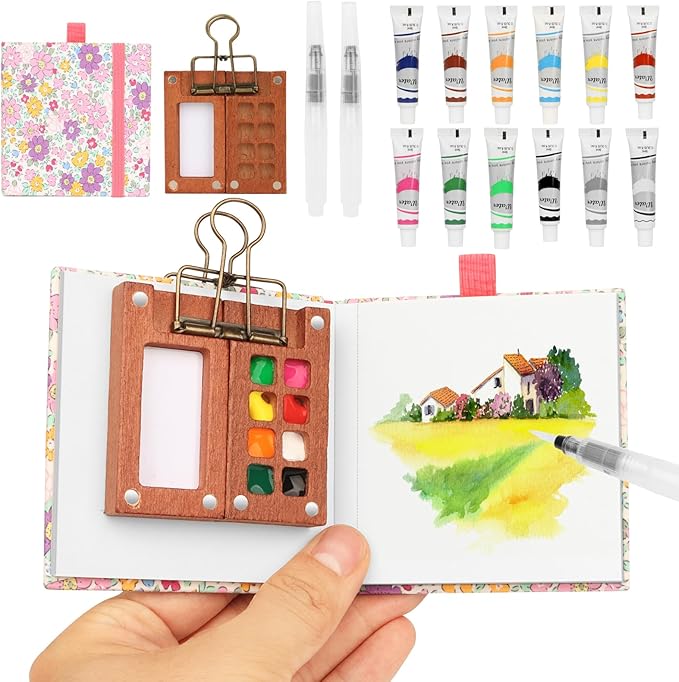 Travel Watercolor Set，Mini Paint Palette Travel kit，Mini Water Color Paint Set，Wooden 8 Grid Paint Box,12 Colors Small Watercolor Sketchbook for Artists Painters Students(Pink)