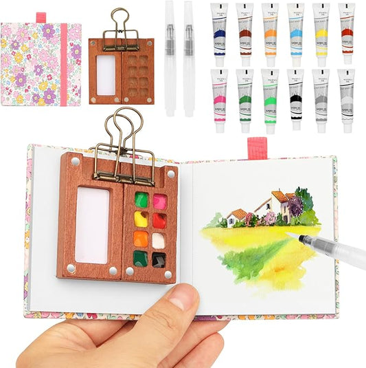 Travel Watercolor Set，Mini Paint Palette Travel kit，Mini Water Color Paint Set，Wooden 8 Grid Paint Box,12 Colors Small Watercolor Sketchbook for Artists Painters Students(Pink)