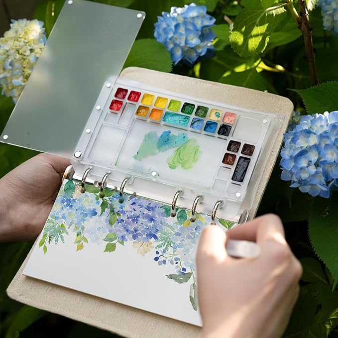 ACTANCEN A6 Binder Watercolor Travel Set,Refillable Embroidered Journal with Mini Paint Palette.Thick Paper Travel Diary/Sketchbook/Workbook for Girl,Tulip Flowers Art Notebook