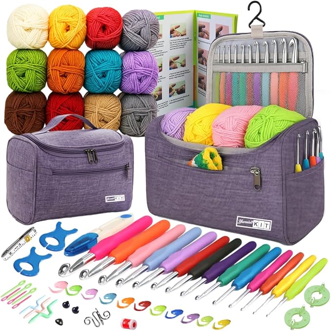 yarniss crochet kits for beginners with instruction, all-inclusive crochet set include 840 yards yarn&14 sizes crochet hooks, crocheting kit for adult with bag,purple