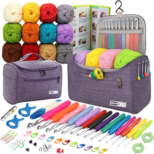 yarniss crochet kits for beginners with instruction, all-inclusive crochet set include 840 yards yarn&14 sizes crochet hooks, crocheting kit for adult with bag,purple