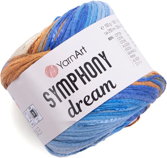 YarnArt Symphony Dream Cotton Yarn -%80 Cotton%20 Viscose Rainbow Multicolor Crochet Knitting Yarn - Suitable for All Blouses, Dresses, Shawls, Bags, Hats - 273 Yards, 3.52 Oz (1 Skein) (3101)