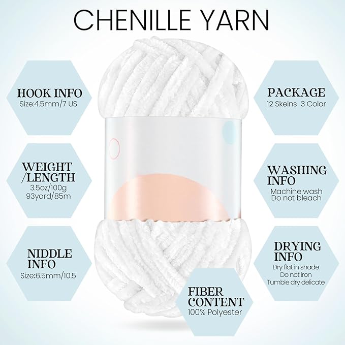 Xinnun 12 Skeins 1116 Yards Chenille Velvet Soft Thick Plush Yarn Bulk for Crocheting Knitting Blanket DIY Weaving Craft, 6mm, 3.5 Oz/Skein(White)