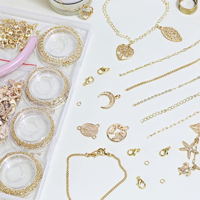 XKCWXY 14K Gold Chain for Jewelry Making,16.4 ft 5 Rolls Jewelry Chains Bulk for DIY Necklace Bracelet Making Accessories with Charm Pendants Jump Rings Lobster Clasps Pliers