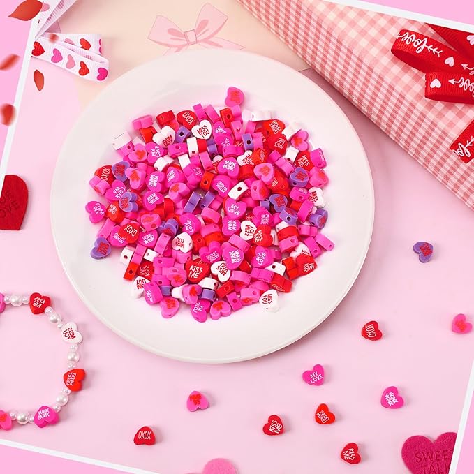 Augshy 300Pcs Conversation Heart Beads,Valentine's Day Polymer Clay Beads for Jewelry Making Bracelet Necklace Making Earrings