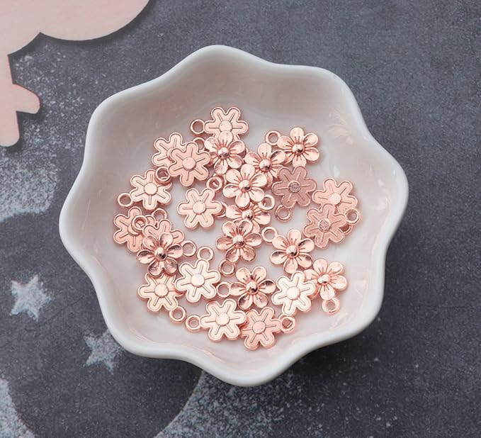 Ruwado 50 Pcs Little Flowers Charms Metal Vintage Cute Vintage Small Flower Pendants for Jewelry Making Kit Bracelet Necklace DIY Making Crafting Project Accessories Supplies (Rose Gold)