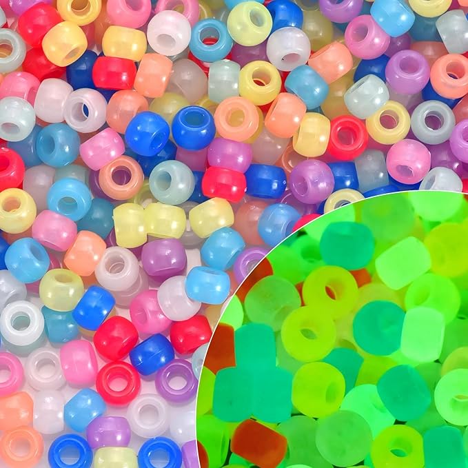 sunrica 1100pcs glow in the dark pony beads 6x9mm 9 colors large hole plastic beads for kandi, hair braids, necklaces, friendship bracelets