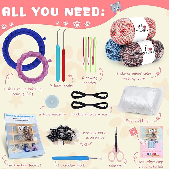 Aeelike Round Loom Knitting Kit for Beginners, Easy to Knit Cat (L&S) Complete Beginner Knitting Loom Kit for Beginners w Step-by-Step Instructions Videos, Family Craft Crochet Animal Gift