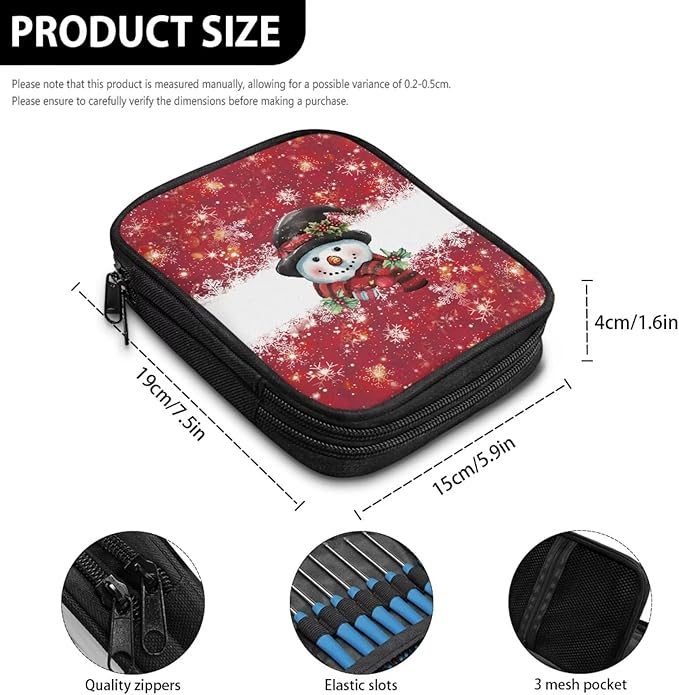 Hechitok Christmas Snowman Crochet Hooks Case Zipper Bags Portable Crochet Storage Bag with Web Pocket and Crochet Holder Slots for Carrying Various Crochets Needles