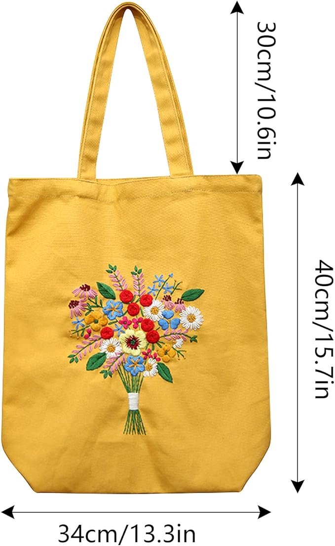 MAMUNU Canvas Tote Bag Embroidery Kit with Pattern for Beginners, Arts and DIY Crafts Kits for Adults, Include Instructions Embroidery Bag, Embroidery Hoops, Color Threads and Tool (Yellow)