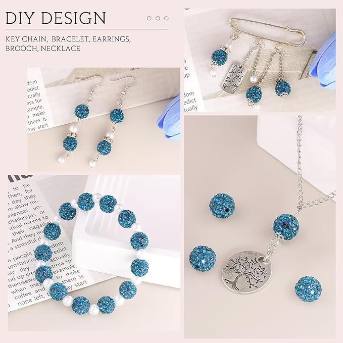 200pcs 10mm Blue Zircon Rhinestone Beads for Jewelry Making, Shiny Round Shamballa Disco Ball Beads, Sparkle Crystal Clay Christmas for Bracelet Baseball Necklace Earring Crafting and DIY