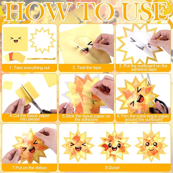AmazingSpark 30 Pcs Sun Suncatchers Paper Craft Spring Sun Face DIY Stained Glass Effect Tissue Paper Kits Gift Bulk for Fall Autumn Activities Art Party Decor