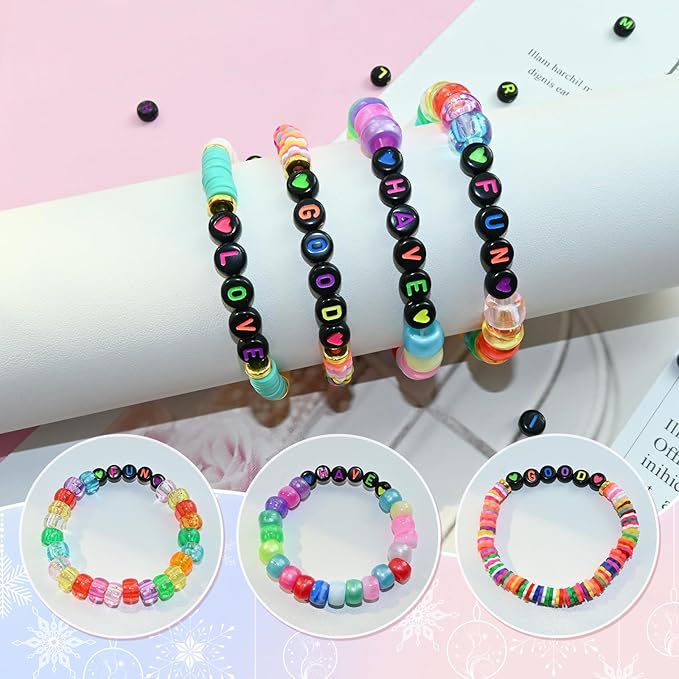 Amaney 1400pcs Colorful Letter Beads Round Alphabet A-Z Heart 4x7mm Black Acrylic Beads and Crystal Line for Jewelry Making
