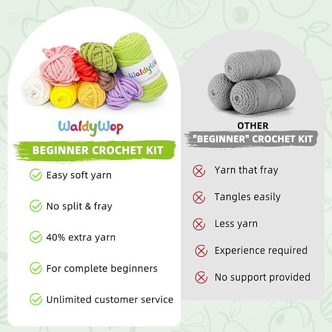 WaldyWop Crochet Kit for Beginners: 5 PCS Fruit Bookmarks Crochet Kits w/ 40% Extra Yarn, Accessories - Easy Video Tutorials & Instructions for Starter Adults - DIY Christmas Gift Set for Her Women
