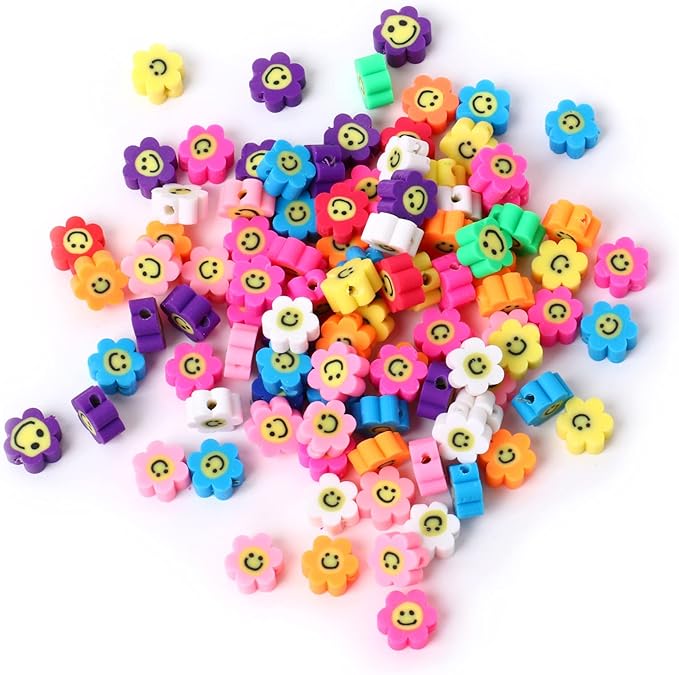 200 PCS Colorful Sun Flowers Beads 10mm Mixed Polymer Clay Smiley Face Beads for DIY Bracelet Necklace Earrings
