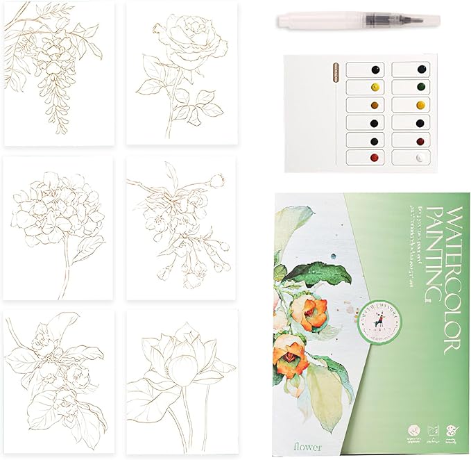 Folemah Beginner Watercolor Workbook Set with Envelope, Brushes and 12-Color Watercolor Paints, Art Supplies and Craft Tools for Teens and Adults (Half-Acre Flower Field)