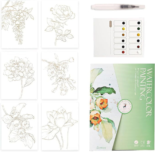 Folemah Beginner Watercolor Workbook Set with Envelope, Brushes and 12-Color Watercolor Paints, Art Supplies and Craft Tools for Teens and Adults (Half-Acre Flower Field)