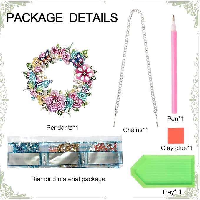 AiYuanzsh 5D DIY Diamond Art Hanging Pendant Kit, Wreath Flower Butterfly Diamond Painting Ornament DIY Special Shaped Crystal Pendant for Door Wall Window Home Xmas Valentine’s Day Gift