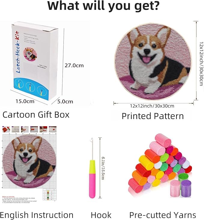 Latch Hook Rug Kit Cute Corgi Dog Easy for Beginners Round Shape Carpet Crochet Yarn Craft Mini Rug DIY Hook and Latch Little Tapestry for Home Decor 30x30cm-4