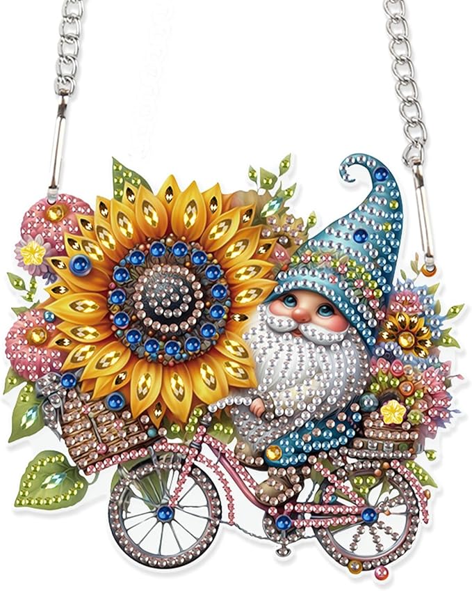 AiYuanzsh 5D Diamond Painting Hanging Ornament, Gnome with Sunflower Design DIY Acrylic Pendant Kit, Handmade Diamond Art Suncatcher Decoration for Home Wall Window Gift