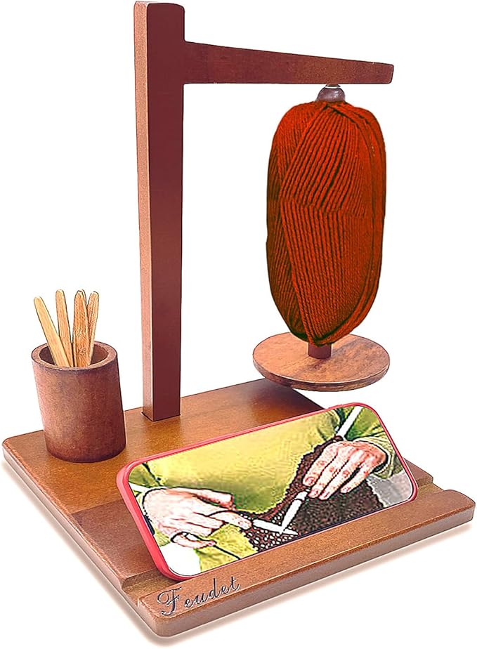 Feudet Wooden Yarn Holder with Phone Stand for Crocheting & Knitting，Magnetict Yarn Ball Holder Spinner Organizer with Crochet Hook Storage (Natural Wood Gift for Crocheters)