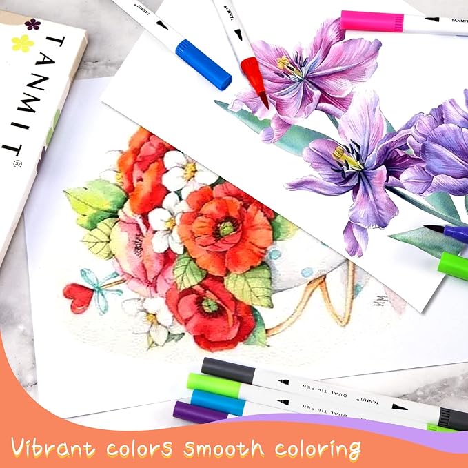 Dual Brush Marker Pens for Coloring Books, Tanmit Fine Tip Coloring Marker & Brush Pen Set for Journaling Note Taking Writing Planning Art Project