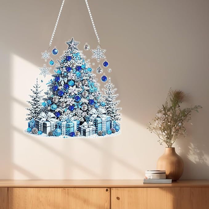 SHLUHA Diamond Art Kits for Adults Diamond Art Christmas Tree Design Special Shape Acrylic Hanging Pendant Crystal Mosaic Home Wall Door Window Decor with Chain Handmade Christmas Gift(LG76)