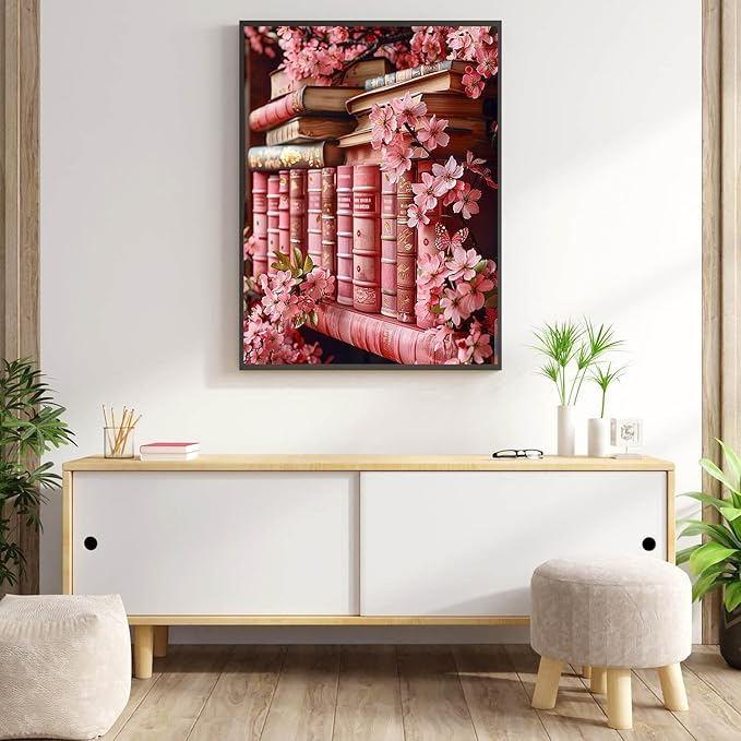 Meothan Diamond Art Kits for Adults Flowers Bookshelf Diamond Painting Kits for Adults Beginners, DIY Bookshelf Flowers Diamond Gem Art Dots Painting Kits for Home Walls Decor Gifts 12x16inch (Pink)