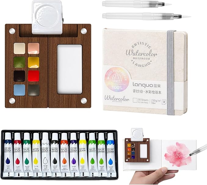 Mini Watercolor Paint Set - Travel Watercolor Set, Pocket Artist Water Color Travel Set with 12 Colours, Sketchbook, Watercolor Pens, Wooden Palette Box for Painters Artists Students