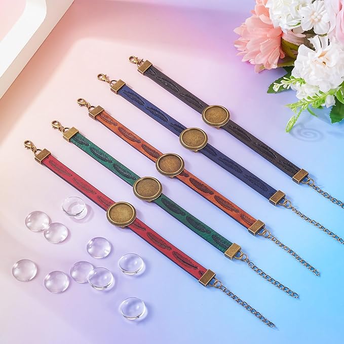 FASHEWELRY 5Pcs Adjustable Round Tray Bracelet Kits PU Leather Cord Bracelet Blanks Bezel Tray Settings with Round Glass Cabochons for Jewelry Making (Antique Bronze)