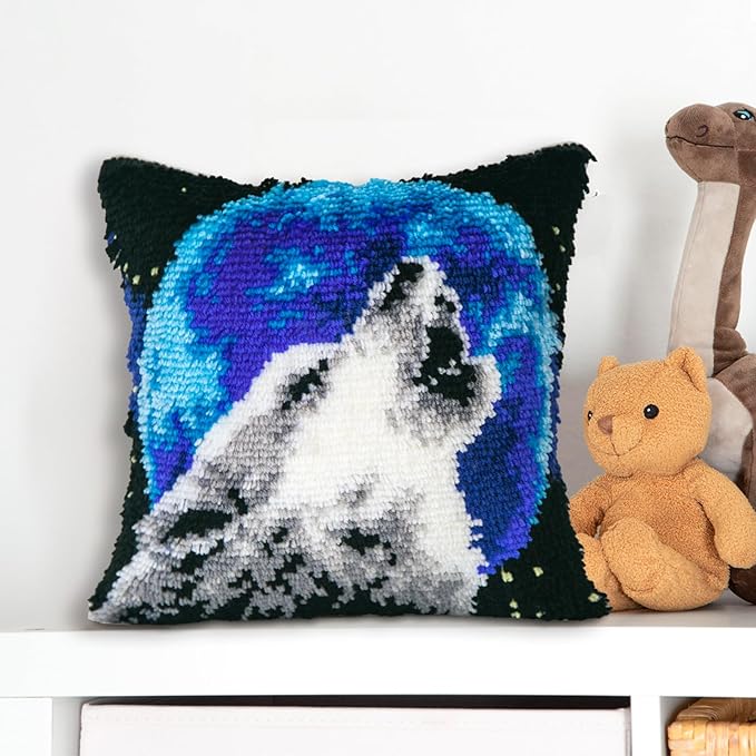 LAPATAIN Latch Hook Kits for DIY Throw Pillow Cover,Needlework Cushion Cover Hand Craft Crochet for Great Family 17X17inch Wolf(Moon)