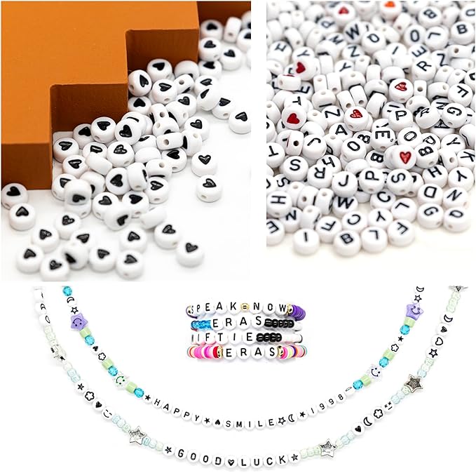nikkiGuo 1250 PCS Letter Beads Kit with Elastic Cord – Alphabet A–Z, Numbers, Heart, Moon, Star, Smiley Beads for Friendship Bracelets & DIY Jewelry (White Beats & Black Letters)