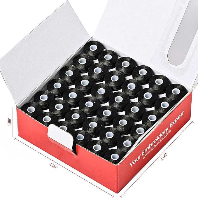 Poolin Prewound Bobbins, Richword Selected Black SideLess 144pcs Size L(SA155), 75D/2(60WT) Polyester Bobbin Thread for Commercial Multi Needles Embroidery Machine, 120 Yards
