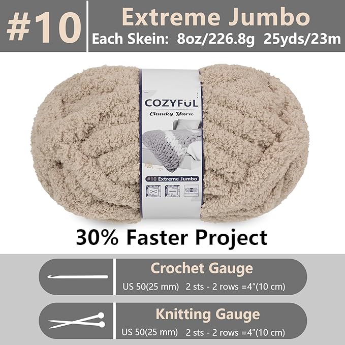 Chunky Yarn for Hand Knitting - #10 Chunky Chenille Yarn, Jumbo Big Thick Chunky Yarns for Crocheting, Super Bulky Chunky Knit Blanket Yarns, 8 Skein (25 yds 8 oz Each Skein), Khaki