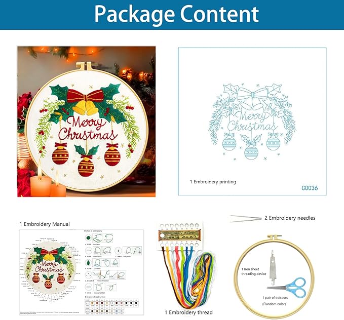 Zhenqing Christmas Bells Embroidery Kit - 29x29cm Printed Fabric, Hoop & Tools for Beginners(C0036)