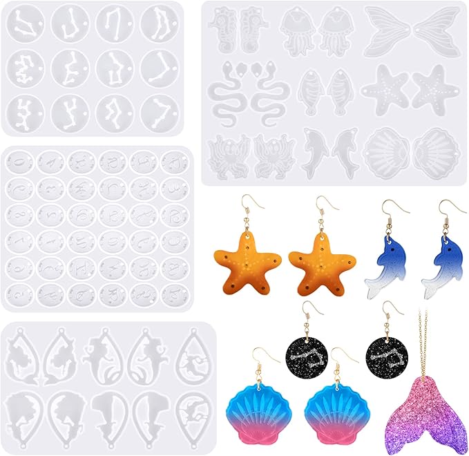 Patelai 4 Pcs Resin Earring Molds Irregular Shaped Earrings Silicone Mold for Epoxy Resin Dangle Drop Jewelry Making Kit for Women DIY Crafts Necklace Pendants Keychain(Mermaid Ocean)