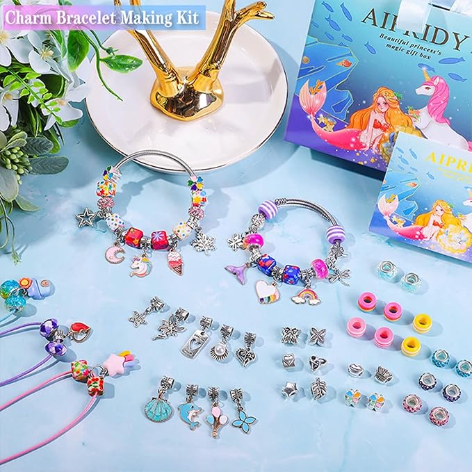 aipridy charm bracelet making kit,unicorn mermaid crafts gifts set can inspires imagination and creativity,jewelry making kit perfect gifts for girls 5-12 years old (84 pieces)