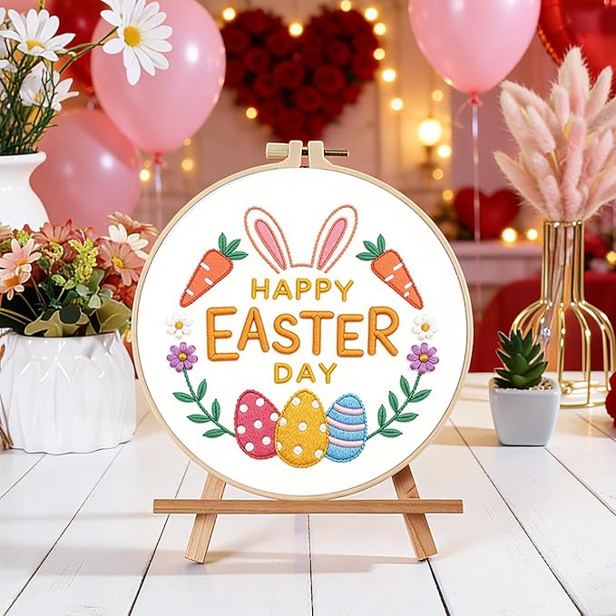 BBLYBD Easter Embroidery Kit, 4 Set Cross Stitch Craft Kits for Beginners with Pre-Printed Embroidery Fabric, Hoops, Step-by-Step Instructions, Color Threads & Needles (Easter)