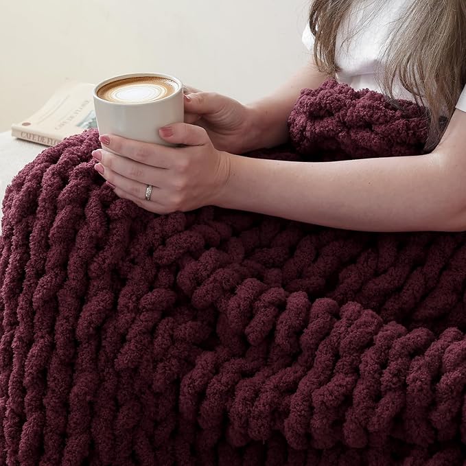 Jumbo Chunky Yarn for Hand Knitting - Super Thick Chenille Chunky Yarn for Crocheting - Extra Soft Bulky Fluffy Blanket Big Yarns 8 Jumbo Pack (27yds,8 oz Each Skein) Wine Red