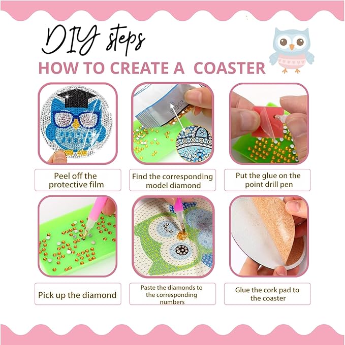 6 Pcs Owls Shaped Diamond Painting Kits, Diamond Painting Kits with Holder Owls, Diamond Art Coasters for Beginners Adults - Perfect Art Craft Supplies Gift!… (Owls 2)