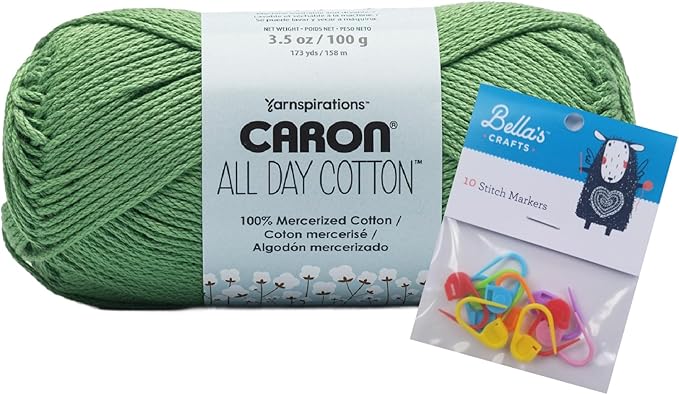 Caron All Day Cotton Yarn - 100g/3.5oz - 100% Mercerized Cotton - 173 Yards Bundle with Bella's Crafts Stitch Markers (Grass Green)