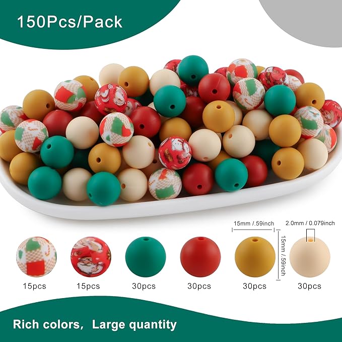 150Pcs Mixed Color 15mm Silicone Beads for Keychain Making, Mustard Red Christmas Print Silicone Beads for Pens and Bracelet Jewelry Making