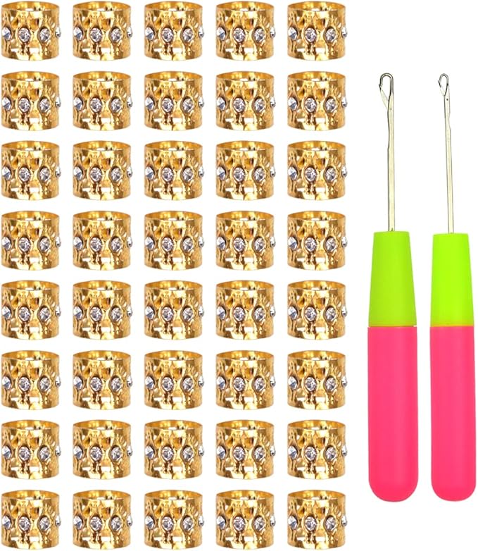 40 Pcs Golden Dreadlocks Beads Rhinestone Hair Rings Aluminum Adjustable Metal Hair Cuffs Beads Rings for Braids Hair Clip Decoration