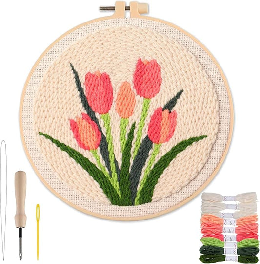 Punch Needle Kit Adults Beginner- Step-by-Step Guide & Video, Including Punch Needle Fabric with Pattern/Hoop/Needle/Yarns, Spring Embroidery Craft Kits, Easy Hobby Gifts for Women, Tulip