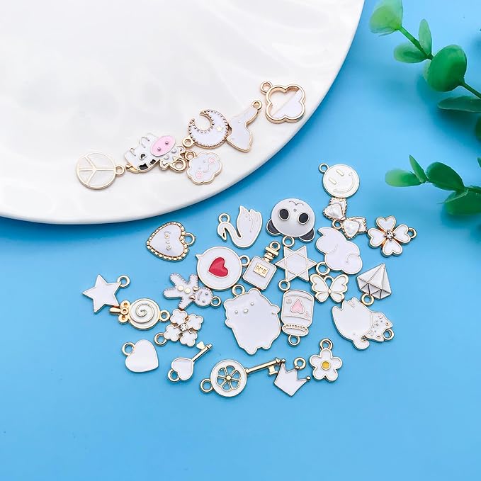 Youdiyla 60pcs Alloy enamel white series fixed set Pendant Jewelry Making DIY Keychain Earrings Pendant Various Design Charms for Jewelry Making Bracelets Necklace (HK548)