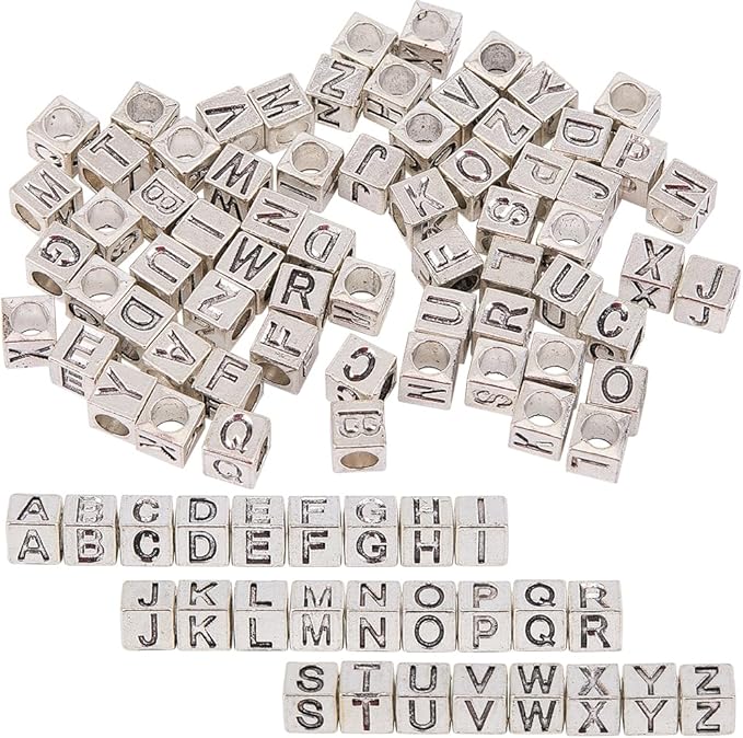 SUNNYCLUE 1 Box 104Pcs 26 Styles Silver Letter Beads Square Alphabet Bead Kit Metal Alloy Antique Cube A to B Charm Large Hole Loose Spacer Beads for Jewelry Making Necklaces Bracelets DIY Crafts