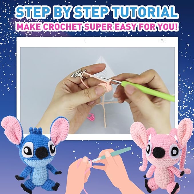 ALODNY Crochet Kit for Adults,Knitting Kits Hooks Yarn Set with Step-by-Step Video Tutorials (Blue Pink)