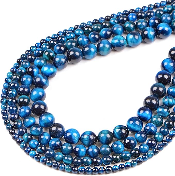 bymitel 90pcs crystal beads stone gemstone round energy healing loose beads with stretch cord for jewelry making bracelets anklets (blue zircon tiger's eye, 10mm 90pcs)