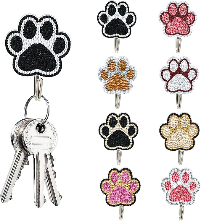 antor 8 Pack Pet Paw Diamond Painting Hooks – DIY Rhinestone Art Wall Hangers, Cute Animal Paw Design Adhesive Hooks for Keys, Towels, Bags, Home Entryway Kitchen Bathroom Decor