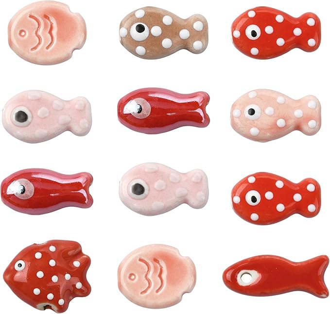 12Pcs Fish Ceramic Porcelain Beads for Jewelry Making 8 Styles Ocean Sea Beach Animal Spacer Beads for DIY Necklaces Earrings Bracelets Keychains Jewelry Findings Accessories